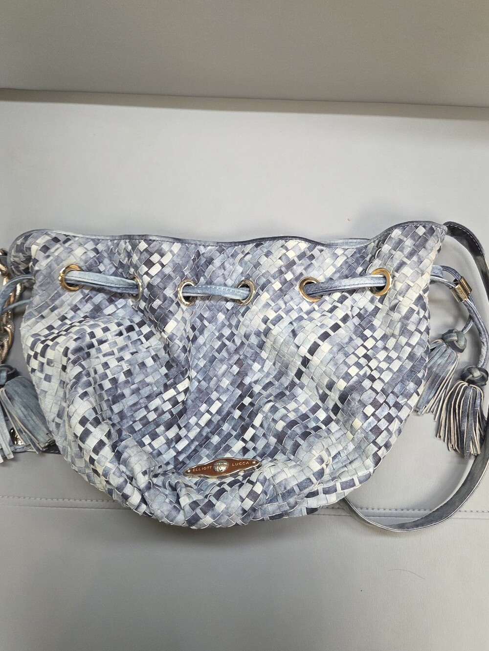 Elliott Lucca Blue tye dye Woven Leather Drawstring bucket hobo Shoulder Bag - Picture 9 of 13